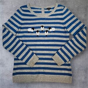 Talbots Blue Striped Sheep Crew Neck Wool Blend Sweater Womens Small Farm i57